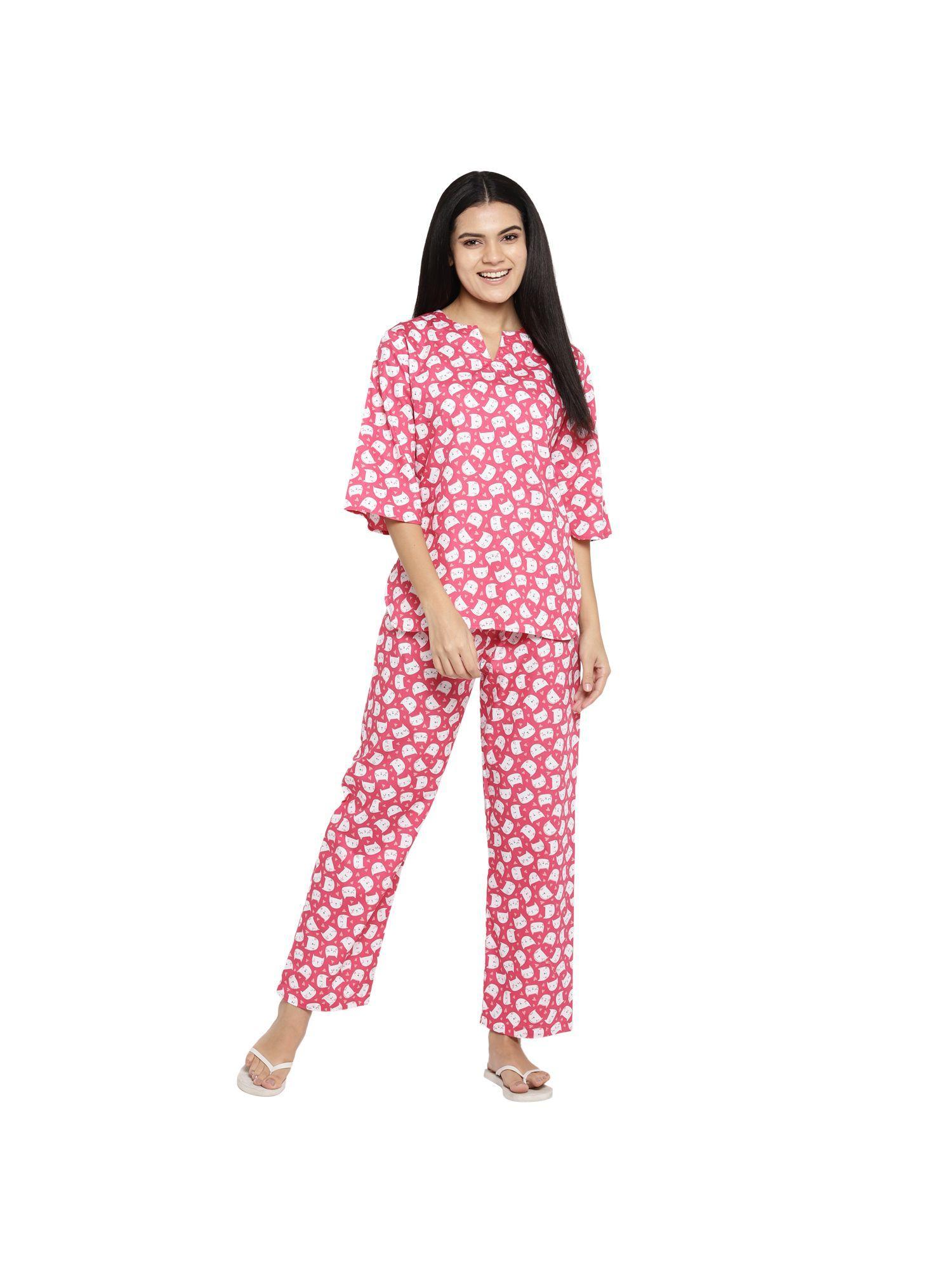 bright pink kitty cotton print v-neck women night suit