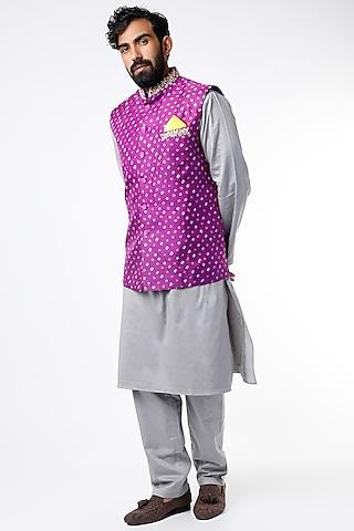 bright purple bandhani printed bundi jacket