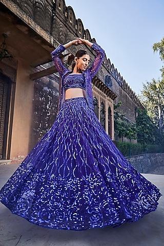 bright purple embroidered jacket lehenga set