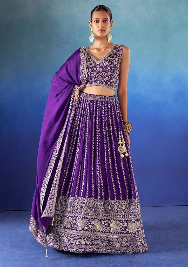 bright purple zari stripe embroidered lehenga set with embellished blouse and dupatta