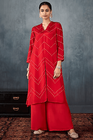 bright red bandhani printed kurta set