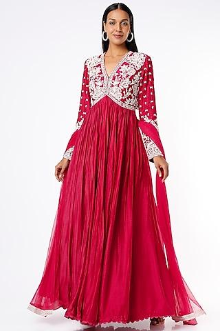 bright red chiffon & organza anarkali set