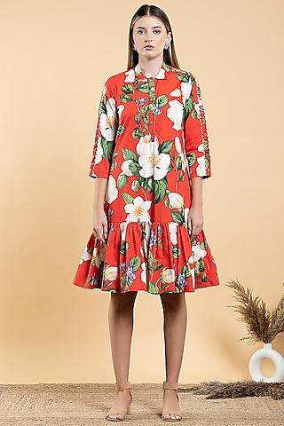 bright red cotton poplin floral printed shirt dress