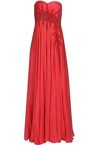 bright red crystal embellished flared trail gown