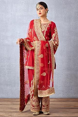 bright red dori embroidered kurta set