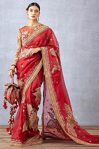 bright red dori embroidered saree