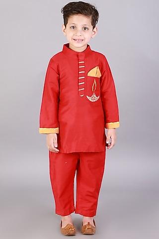 bright red embroidered kurta set for boys