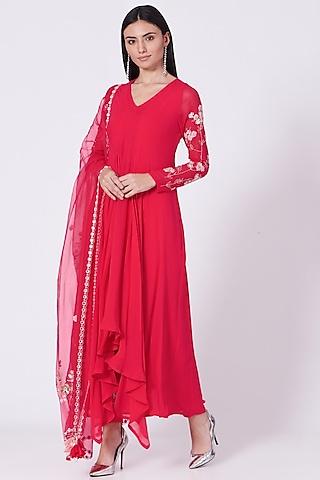 bright red embroidered kurta set