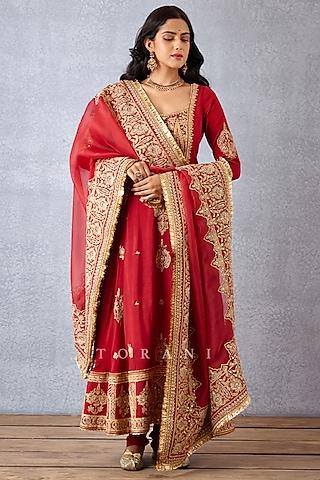 bright red hand embroidered anarkali set