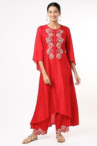 bright red hand embroidered high-low kurta set