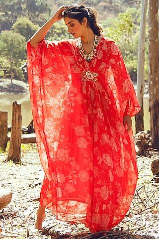 bright red hand embroidered kaftan