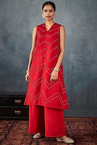 bright red hand embroidered kurta set