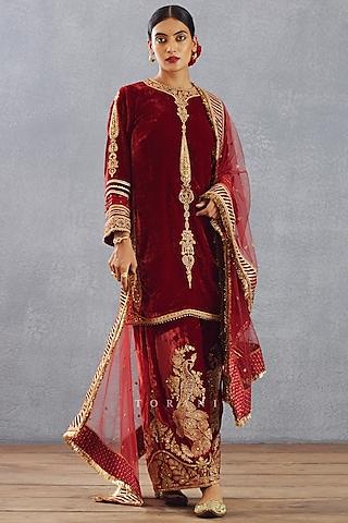 bright red hand embroidered kurta set