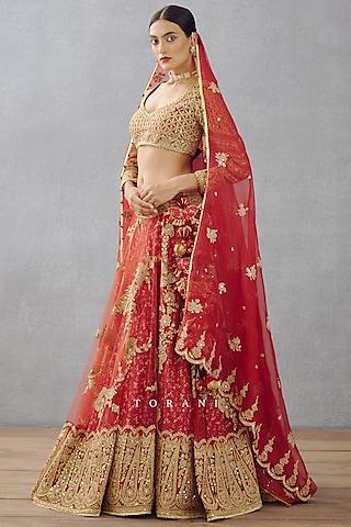 bright red hand embroidered lehenga set