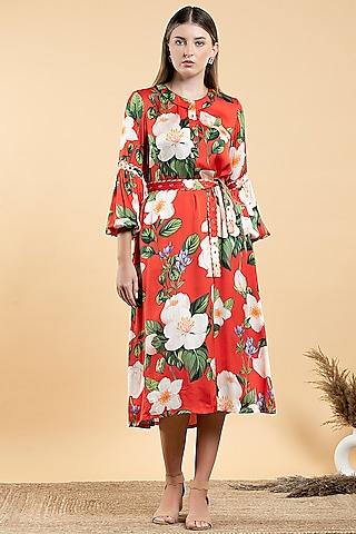 bright red modal satin & viscose floral printed a-line dress