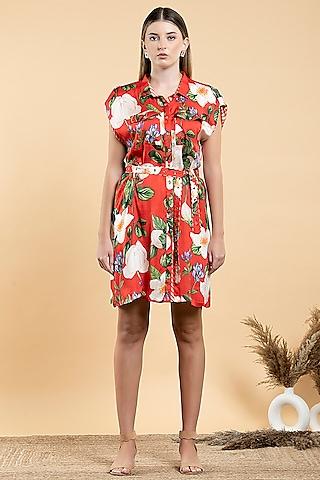 bright red modal satin & viscose floral printed shirt dress