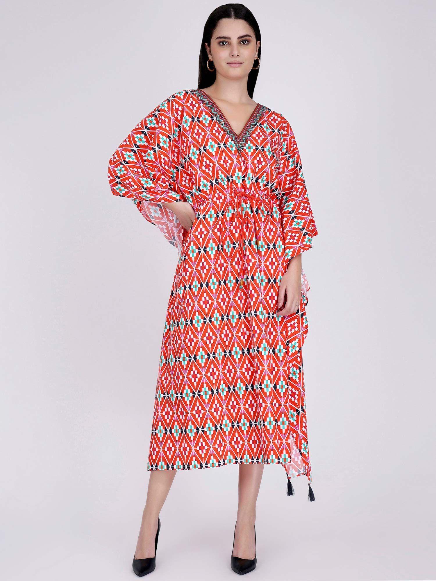 bright red moroccan print mid length kaftan