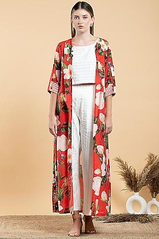 bright red muslin & viscose floral printed cape