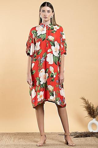 bright red muslin & viscose floral printed dress