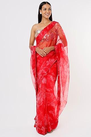 bright red printed saree set