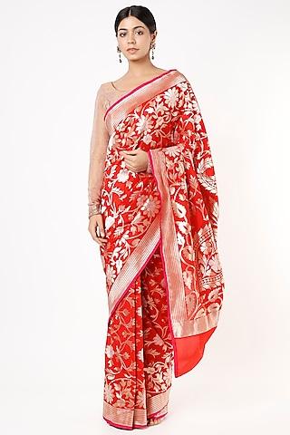 bright red pure handloom banarasi silk saree set