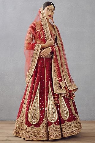 bright red raw silk embroidered lehenga set