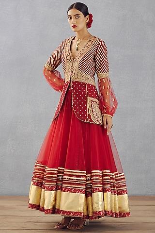 bright red raw silk jacket lehenga set