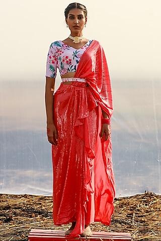 bright red sequins embroidered pre-draped saree