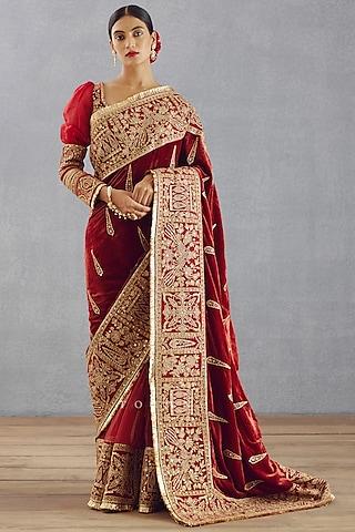 bright red silk velvet embroidered saree