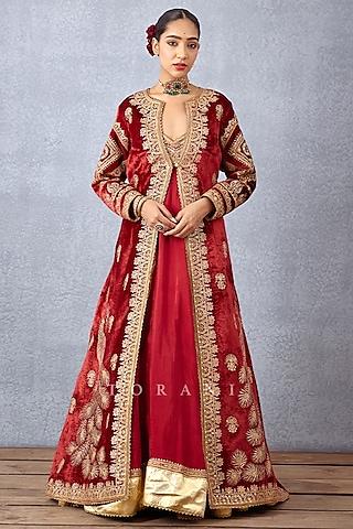 bright red slub silk anarkali set