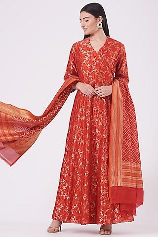 bright red summer silk angrakha kurta set