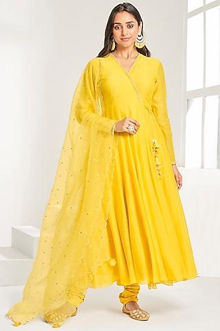 bright yellow?soft chanderi embroidered angrakha anarkali set