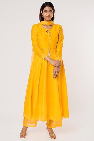 bright yellow chanderi silk mukaish anarkali set