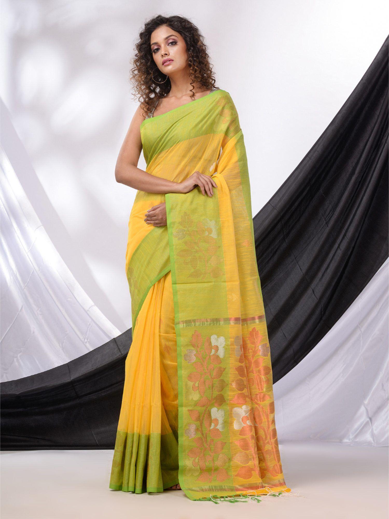 bright yellow cotton blend handwoven saree with foliage pallu designs & unstitched blouse