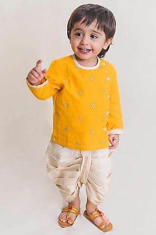 bright yellow embroidered kurta set for boys