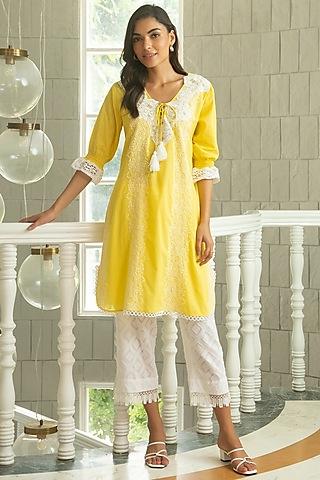 bright yellow embroidered kurta set