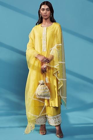 bright yellow embroidered kurta set