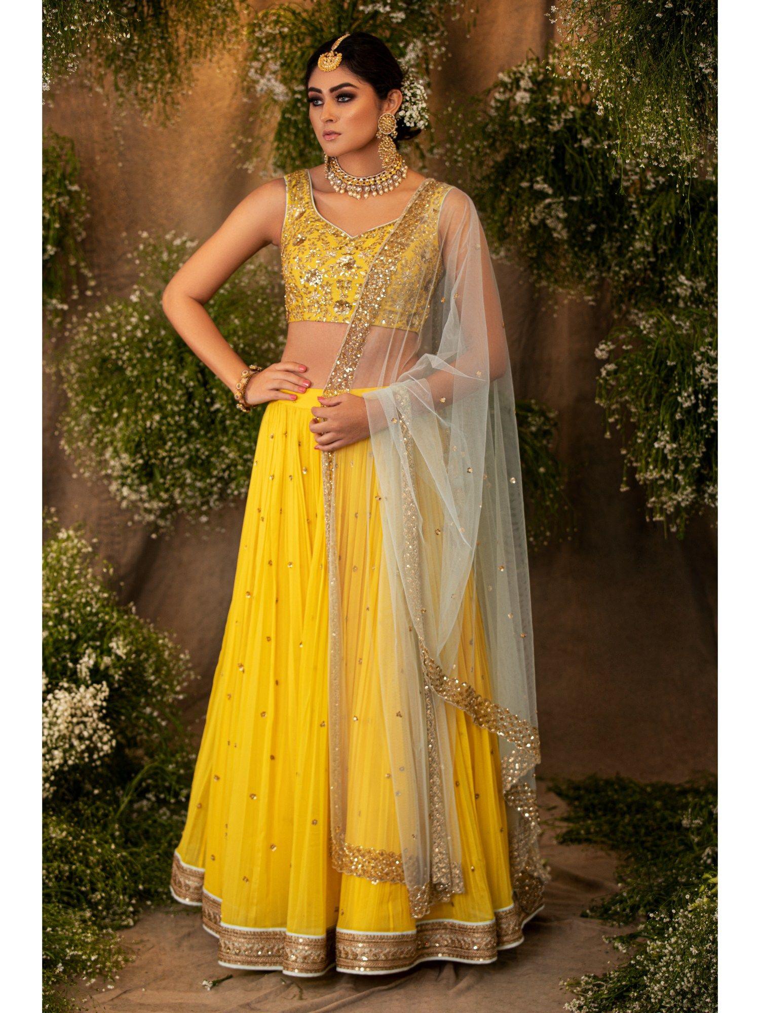 bright yellow embroidered lehenga with choli and dupatta (set of 3)