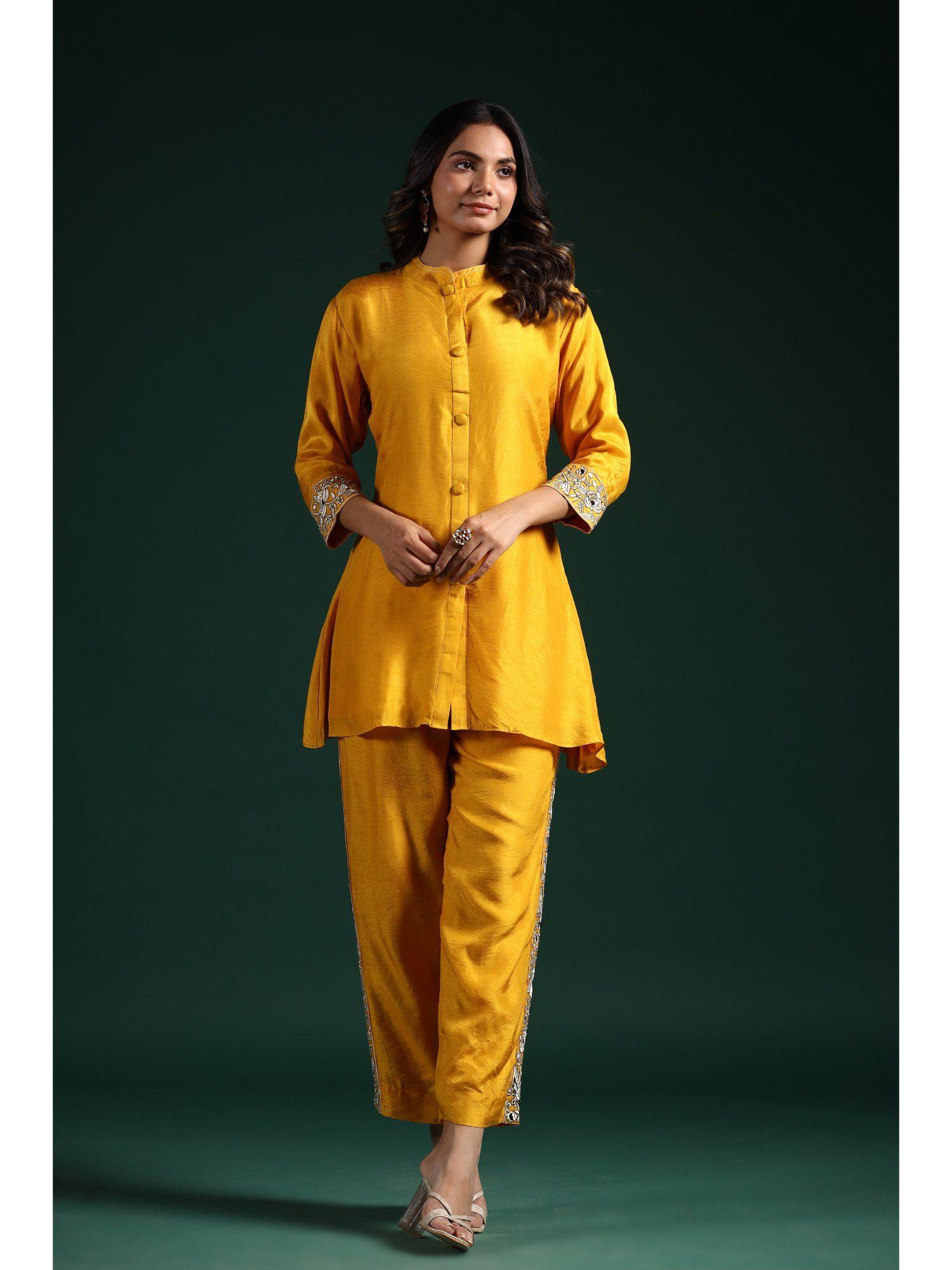 bright yellow embroidered raw silk co-ord (set of 2)