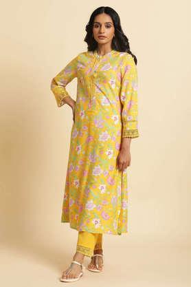 bright yellow floral printed kurta & pants set - yellow