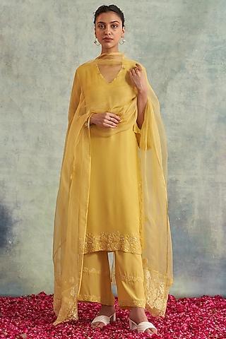 bright yellow georgette embroidered kurta set