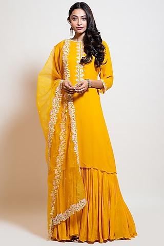 bright yellow georgette embroidered kurta set