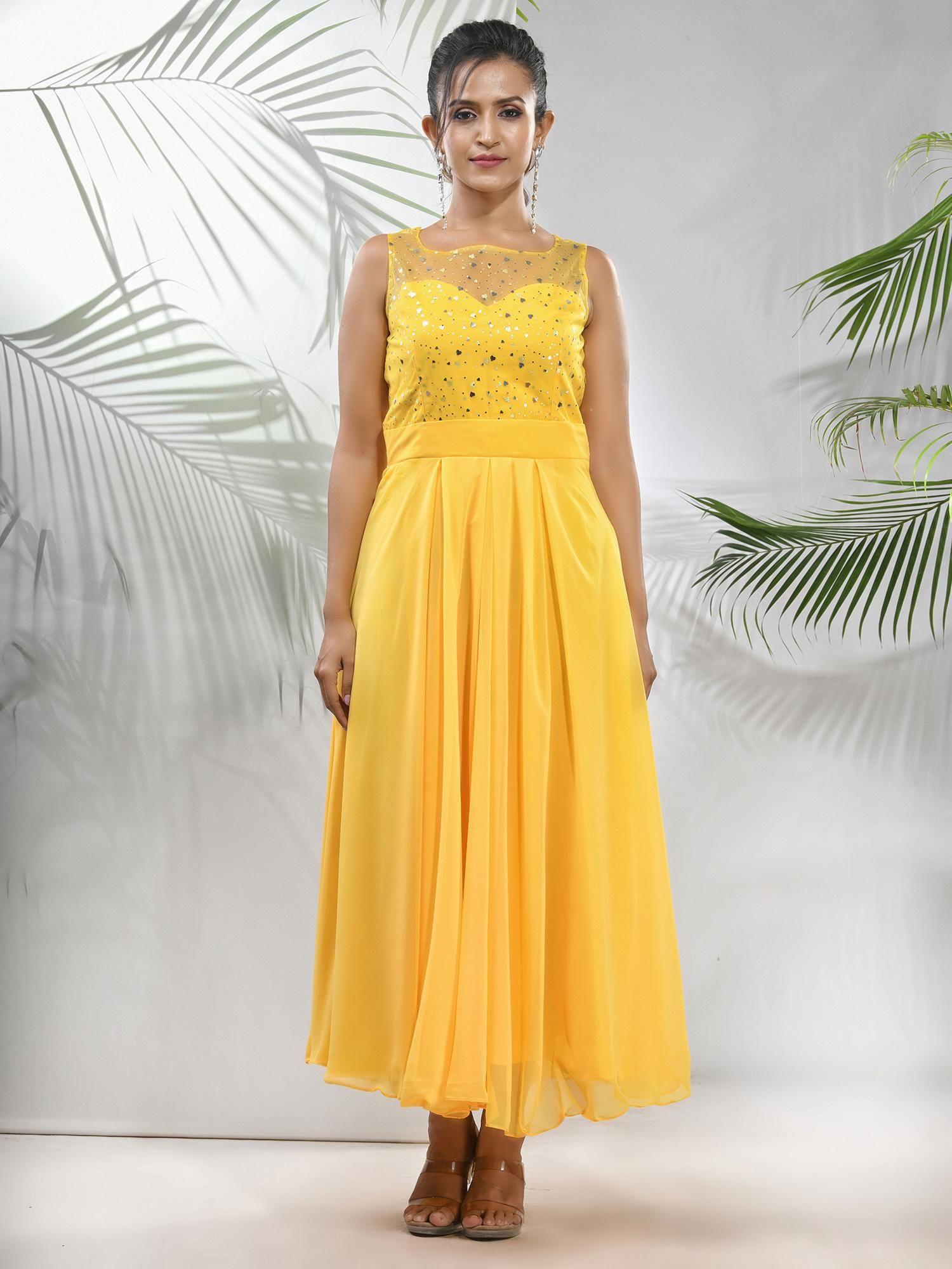 bright yellow georgette gown with bow