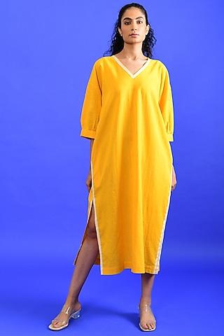 bright yellow handloom cotton midi dress