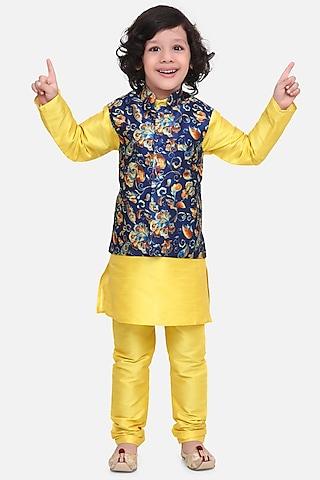 bright yellow kurta set with nehru jacket for boys