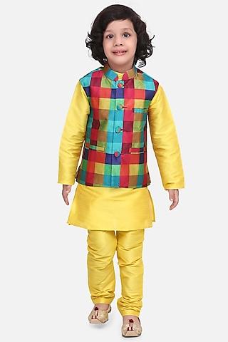 bright yellow kurta set with printed nehru jacket for boys