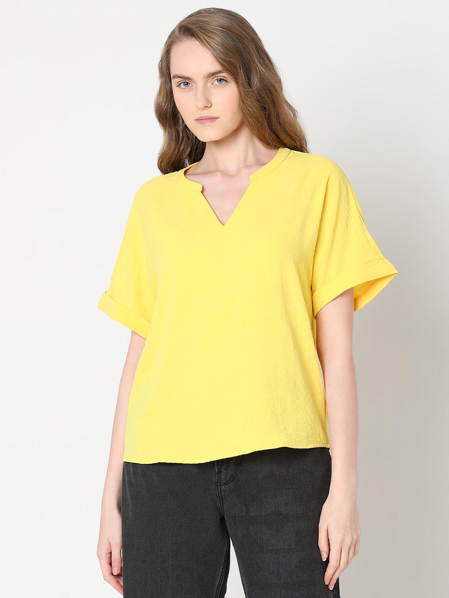 bright yellow mandarin neck top