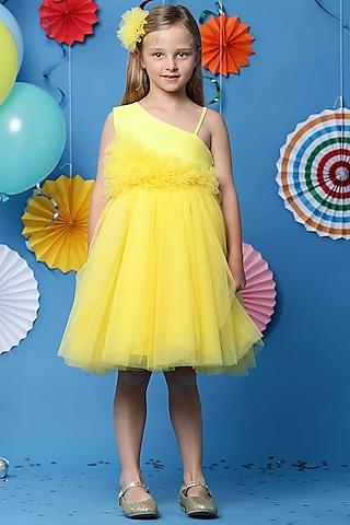 bright yellow net embellished dress for girls