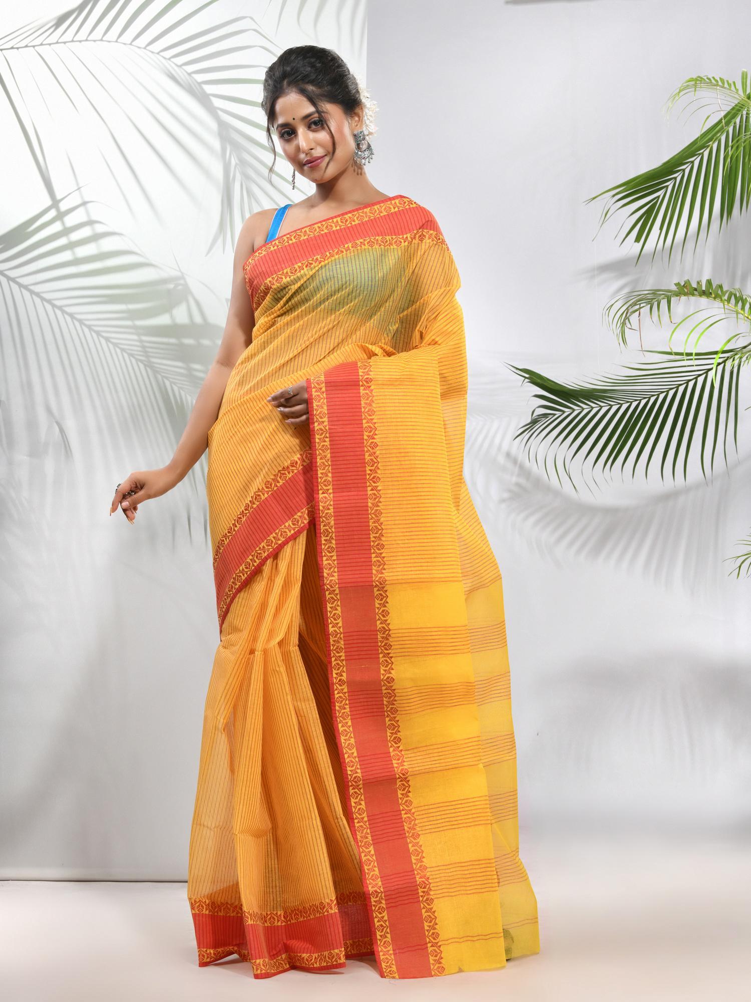 bright yellow pure cotton tant woven designs saree without blouse