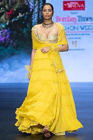 bright yellow raw silk floral hand embroidered tiered anarkali set
